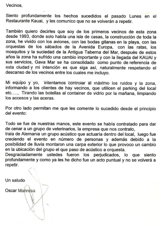 Carta del propietari del Kauai de Gav Mar (scar Manresa) als vens de Gav Mar sobre les molsties provocades el 9 de juny del 2011